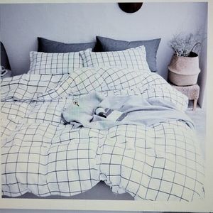 NANKO Full/Queen Duvet cover 2 pillowcases zip, tie white with black check New…